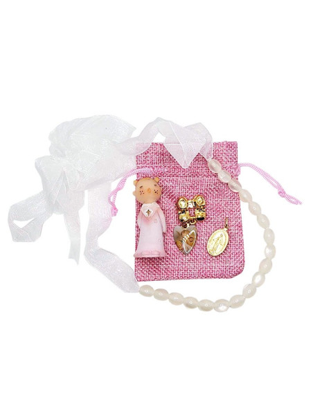 Roze-witte baby bijtring Engel geschenkzakje