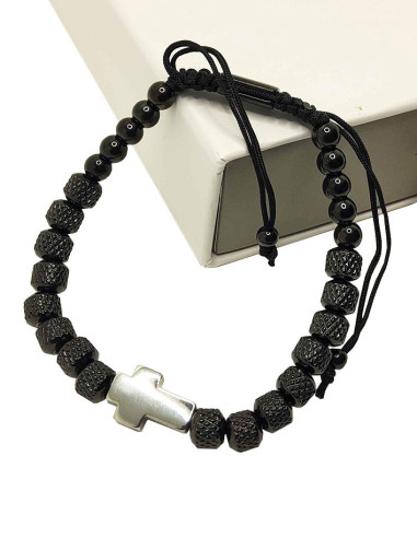 Pulsera con cruz de acero inoxidable - negro y plata