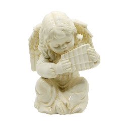 Engelkaarsenhouder met panfluit – Glanzende crèmekleurige keramiek, 11 cm