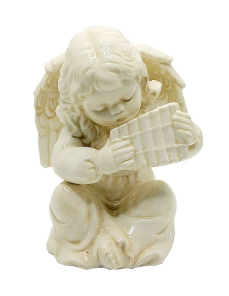 Portacandela angelo con flauto di Pan – Ceramica crema lucida, 11 cm