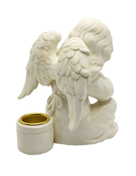 Engel-Kerzenhalter mit Panflöte – Glänzende cremefarbene Keramik, 11 cm
