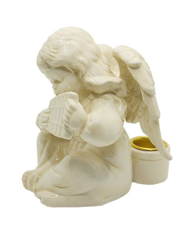 Portacandela angelo con flauto di Pan – Ceramica crema lucida, 11 cm