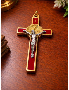 Croix Saint Benoît Rouge et Or - Médaille Bénédictine | Bijou Religieux