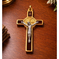 Gold-tone Saint Benedict cross with brown enamel – 5 cm