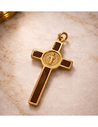 Gold-tone Saint Benedict cross with brown enamel – 5 cm