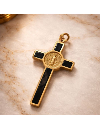 Saint Benedict Cross Gold Tone Black Enamel 5 cm