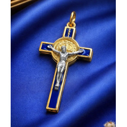 Blue Saint Benedict Cross, Gold-Tone Double-Sided – 5 cm