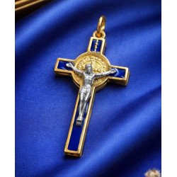 Croix de saint Benoît bleue et dorée biface – 5 cm