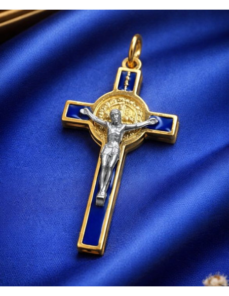 Croce di San Benedetto blu e dorata bifacciale – 5 cm