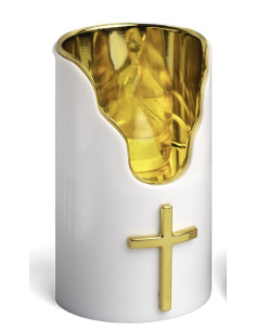 Witte en gouden LED grafkaars met kruis – Lange brandduur