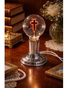 Christliche Lampe mit Christus Kreuz Glühbirne E27 – Silberner Sockel