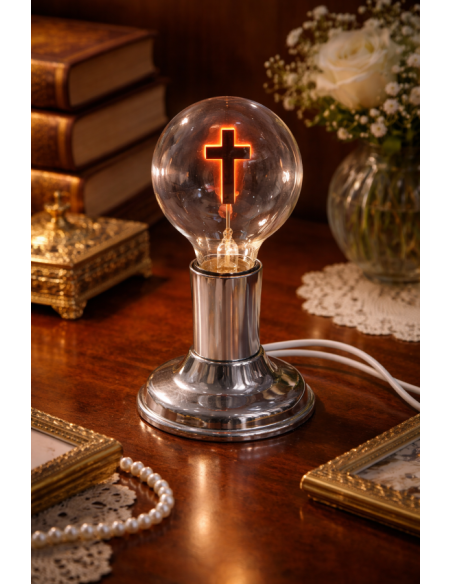 Christian lamp with Cross of Christ bulb E27 – Silver stand – Religious decoration