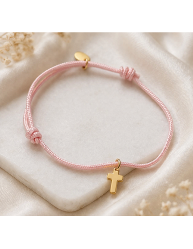 Cross Bracelet Pink Cord – Gold Plated Stainless Steel Adjustable