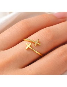 Anello doppia croce argento S925 placcato oro regolabile con zirconi