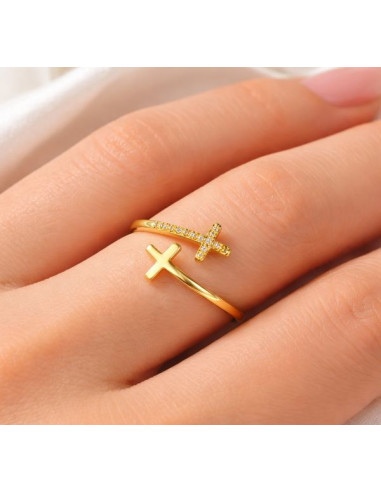 Anillo doble cruz plata S925 chapado en oro ajustable con circonitas