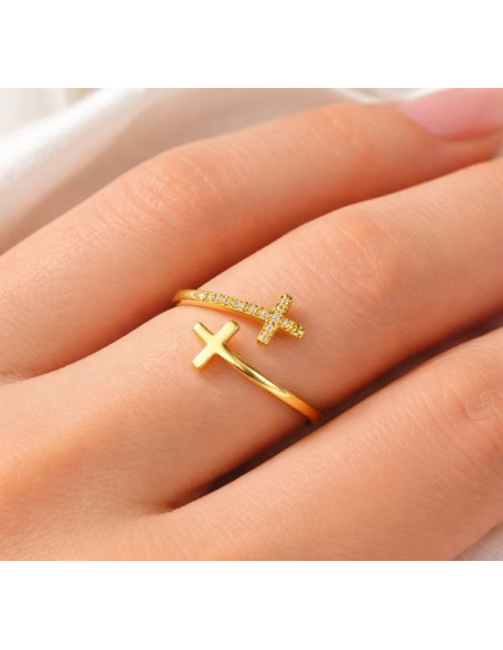 Anillo doble cruz plata S925 chapado en oro ajustable con circonitas