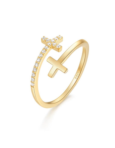 Anillo doble cruz plata S925 chapado en oro ajustable con circonitas