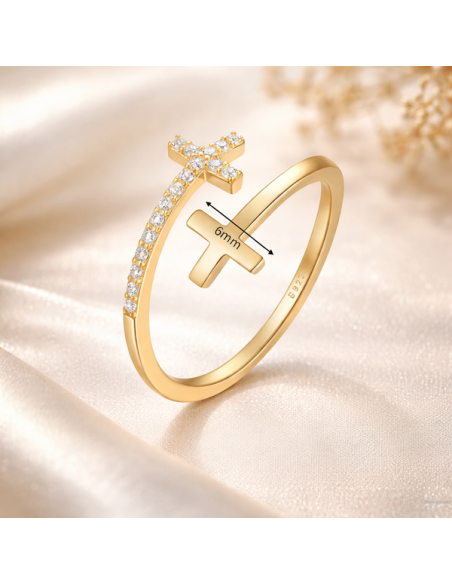 Double Cross Ring S925 Sterling Silver Gold Plated Adjustable with Zircons