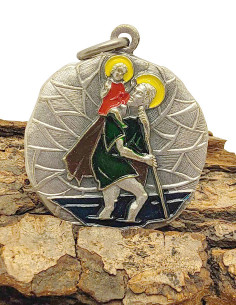 Médaille de Saint Christophe métal argenté et émail coloré 33 mm