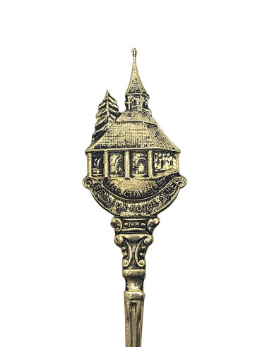 Cuillère souvenir Banneux Notre-Dame, chapelle et coquillage doré – 12 cm