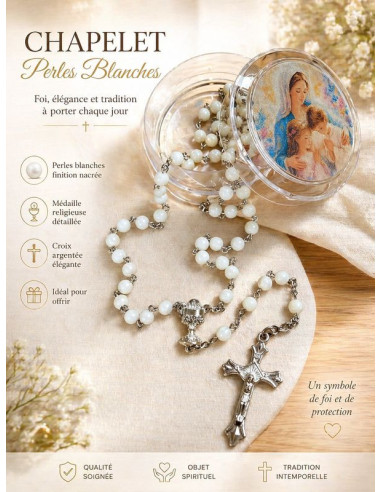 Rosario de nácar blanco, caja Virgen y niños – 45 cm