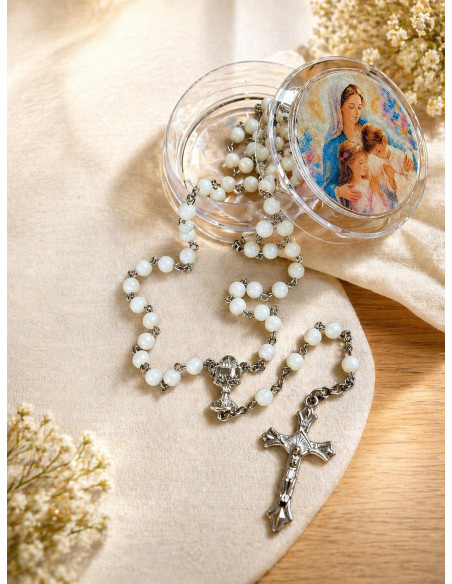 White Mother-of-Pearl Rosary, Mary and Children Box – 45 cm