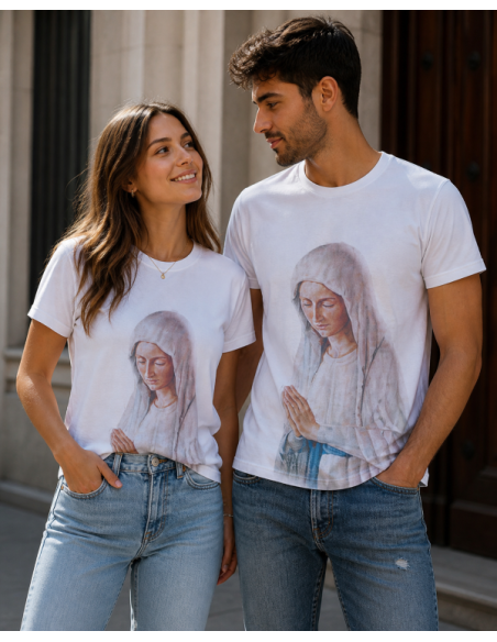T-shirt Vierge Marie de Banneux – Vierge des Pauvres – Coton blanc religieux