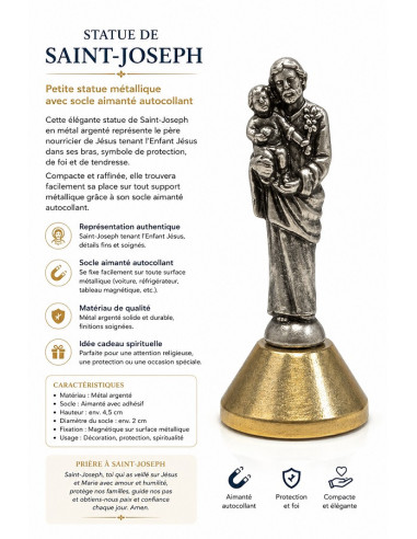 Estatua San José Metal Plateado 3 cm – Base Magnética Adhesiva