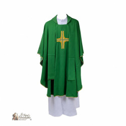 Chasuble verte pour prêtre avec étole – Croix brodée et galon dorés