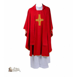 Casulla roja para sacerdote con estola a juego y cruz bordada dorada