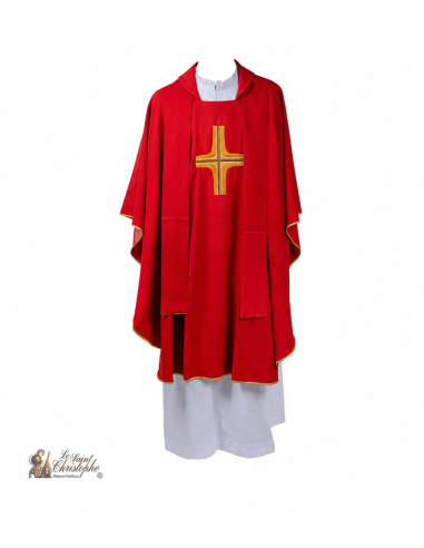 Casulla Roja para Sacerdote con Estola a Juego y Cruz Bordada en Oro | Le Saint Christophe