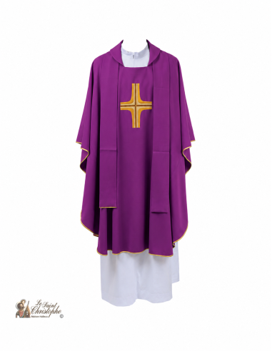 Purple Priest Chasuble with Matching Stole and Gold Embroidered Cross