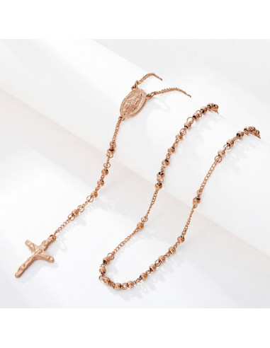 Rose Gold Stainless Steel Rosary Necklace with Cross