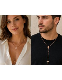 Collar rosario de acero inoxidable oro rosa con cruz