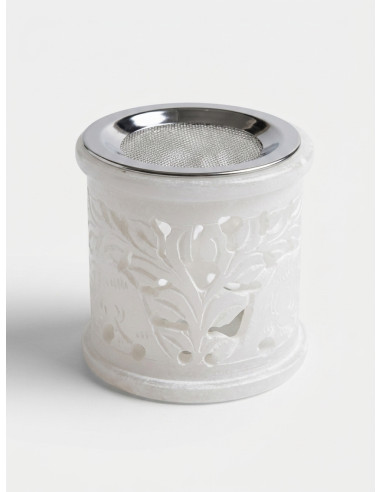 Brûle-encens en pierre de savon blanche avec tamis inox - 6,5 cm