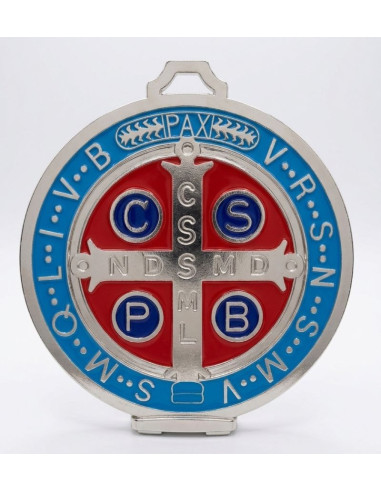 Grande Médaille de Saint Benoît émaillée argent et bleu 13 cm