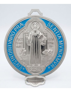 Grande Médaille de Saint Benoît émaillée argent et bleu 13 cm
