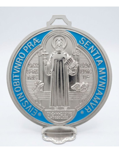Große Benediktusmedaille silber-blau emailliert 13 cm