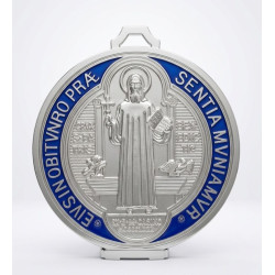 Gran Medalla de San Benito esmaltada azul real con soporte &Oslash;13 cm