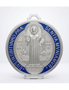 Large Saint Benedict Medal Silver & Blue Enamel 13 cm