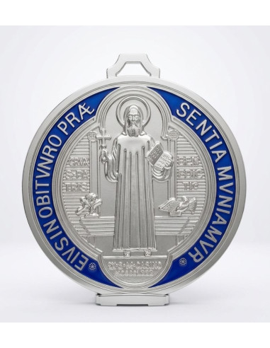 Large Saint Benedict Medal Silver & Blue Enamel 13 cm
