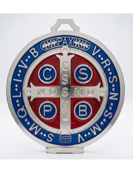 Large Saint Benedict Medal Silver & Blue Enamel 13 cm