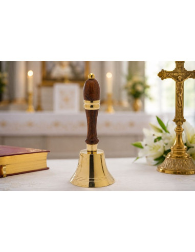 Campana Litúrgica de Mano de Latón Dorado con Mango de Madera 21 cm | Iglesia