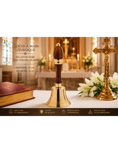 Campana Litúrgica de Mano de Latón Dorado con Mango de Madera 21 cm | Iglesia
