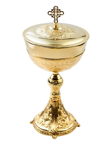 Copón litúrgico de latón dorado con tapa – 30 cm – 250 hostias