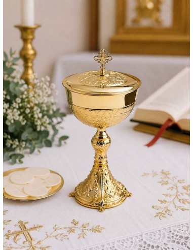 Ciboire liturgique en laiton doré avec couvercle – 30 cm – 250 hosties