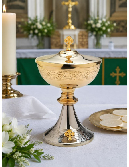 Ciboire liturgique bicolore en laiton doré et argenté 23 cm – 180 hosties | Saint Christophe