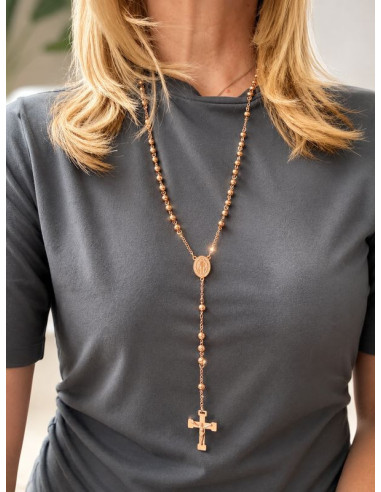 Chapelet Saint Benoît en acier inoxydable or rose 64 cm | Collier religieux