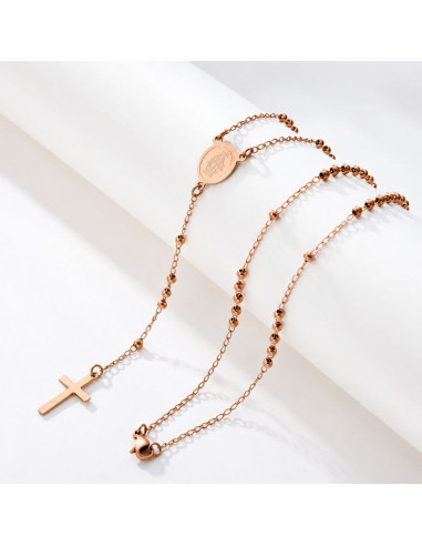 Chapelet collier en acier inoxydable finition or rose – Médaille de la Vierge & Croix – 52 cm