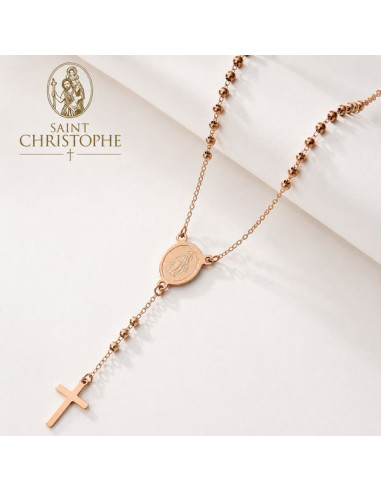 Rozenkransketting van Roestvrij Staal in Roségoud – Wonderdadige Medaille en Kruis – 52 cm